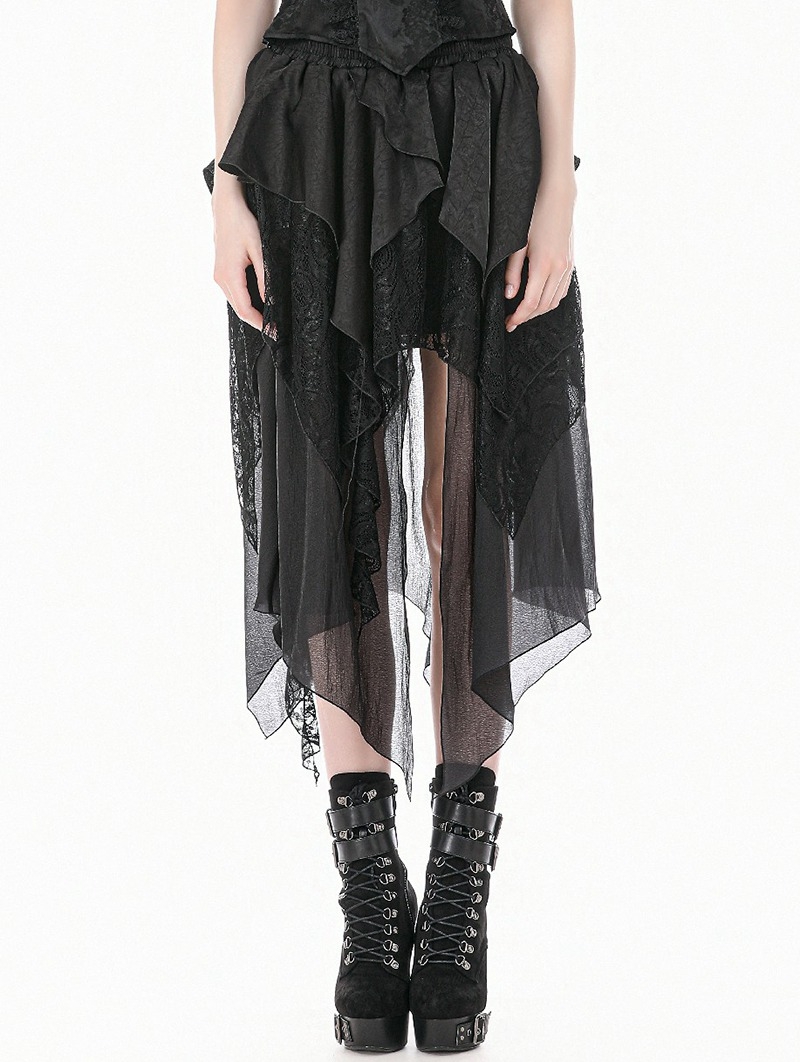 Black Gothic Jacquard Ruffled Lace Tiered High-Low Skirt