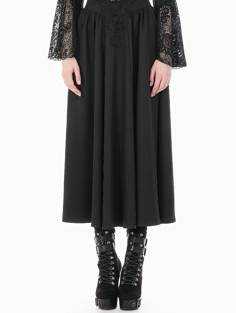 Black Gothic Embroidered High Waist Ruffled Maxi Skirt