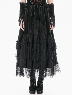 Black Gothic Velvet Tiered Lace Ruffled Long Skirt