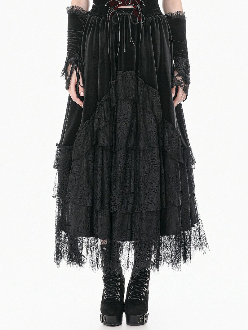 Black Gothic Velvet Tiered Lace Ruffled Long Skirt