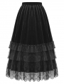Black Gothic Velvet Tiered Lace Ruffled Long Skirt