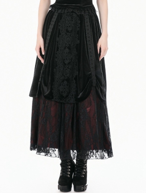 Black Gothic Baroque Guipure Lace Ruched Velvet Long Skirt