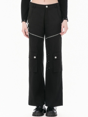 Black Gothic Cross Zip Pocket Wide-Leg Cargo Pants for Women