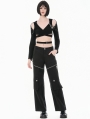 Black Gothic Cross Zip Pocket Wide-Leg Cargo Pants for Women