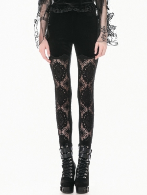 Black Gothic Retro Embroidery Sheer Lace Patchwork Velvet Leggings for Women