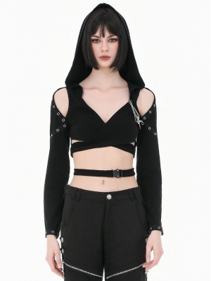 Black Punk Gothic Cold Shoulder Hooded Crop Top for Women