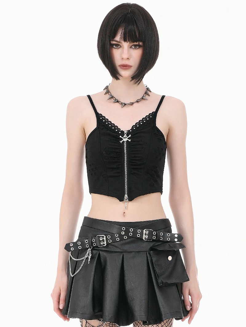 Black Gothic Skull Crossbone Rebel Punk Zip Camisole Top for Women