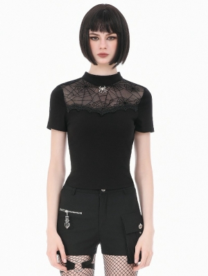 Black Gothic Sheer Spiderweb Mesh Short Sleeve Top for Women