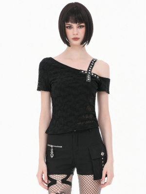 Black Gothic Punk Studded Cross Straps Asymmetric Top for Women