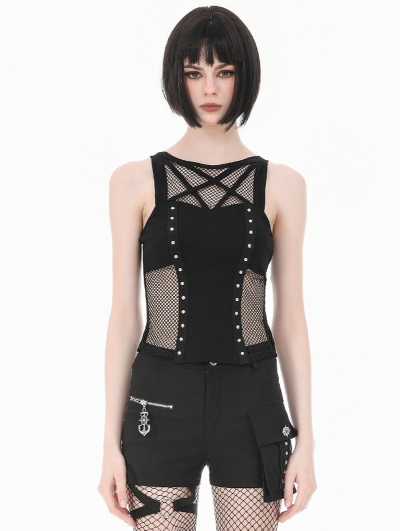 Black Gothic Punk Studded Pentagram Mesh Spliced Tank Top for Women
