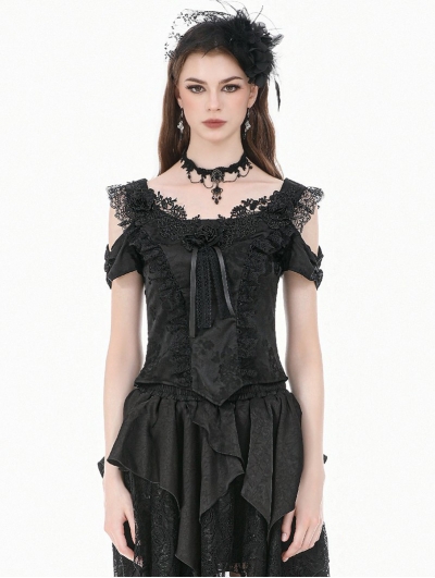 Black Gothic Court-Style Rose Jacquard Lace Shirt for Women