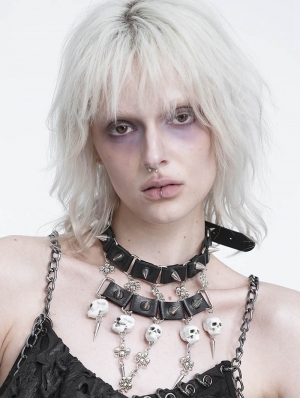 Black Gothic Punk Spiked Skull Choker Necklace