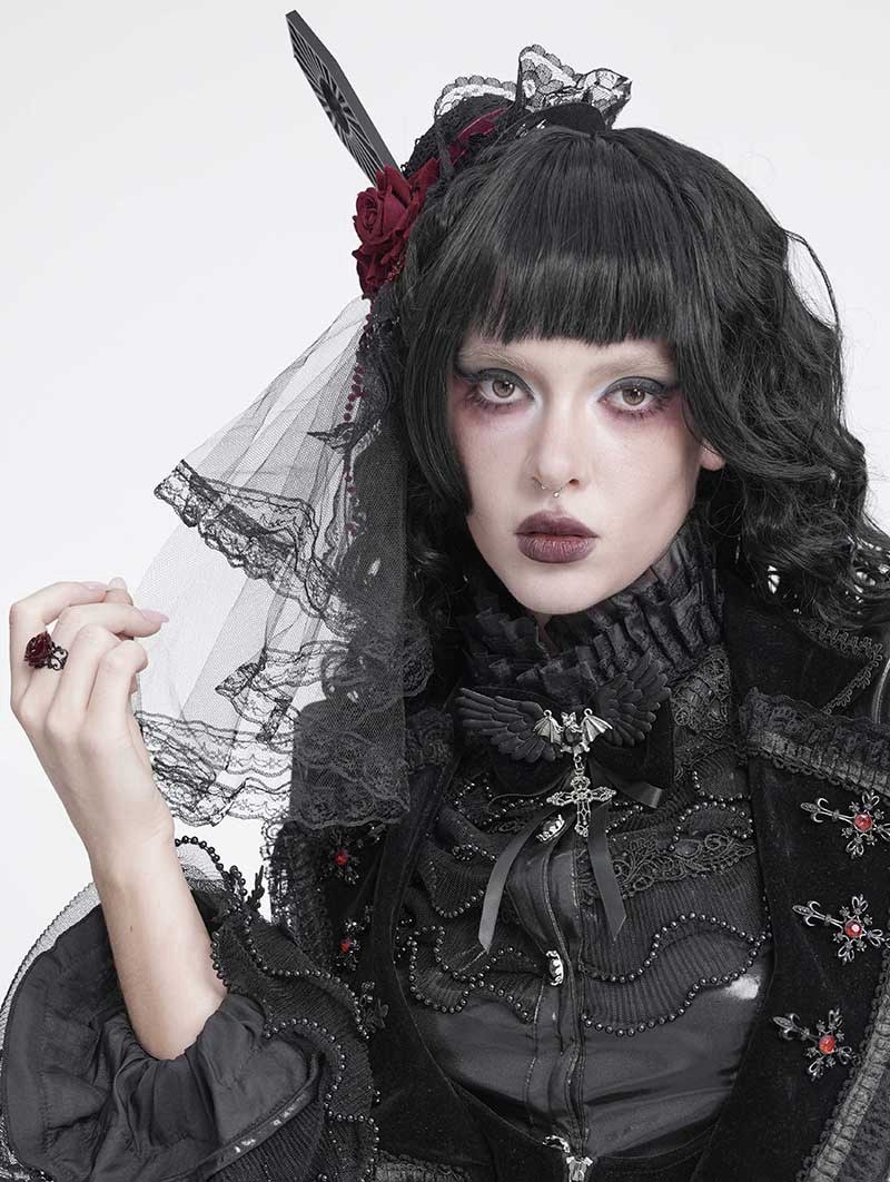 Black Gothic Beaded Rose Veil Headdress