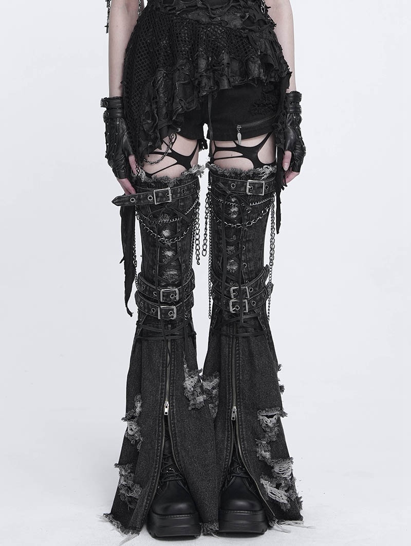 Black Gothic Punk Zip Ripped Flared Leg Warmers