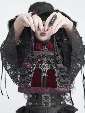 Black and Red Gothic Cross Rose Lace Handbag