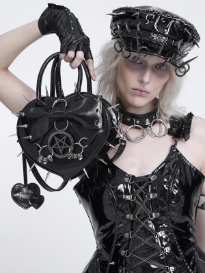 Black Gothic Pentagram Spiked Heart Shaped Handbag