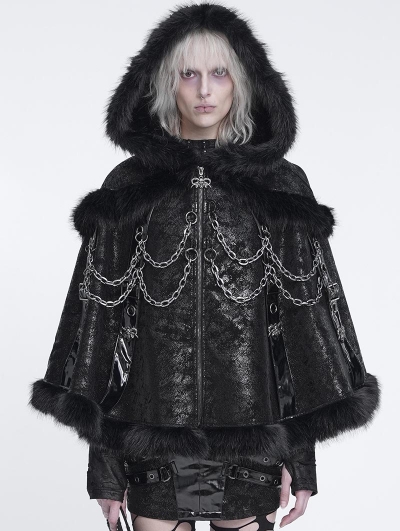 Black Gothic Faux Fur Trim Chained Leather Cloak for Women