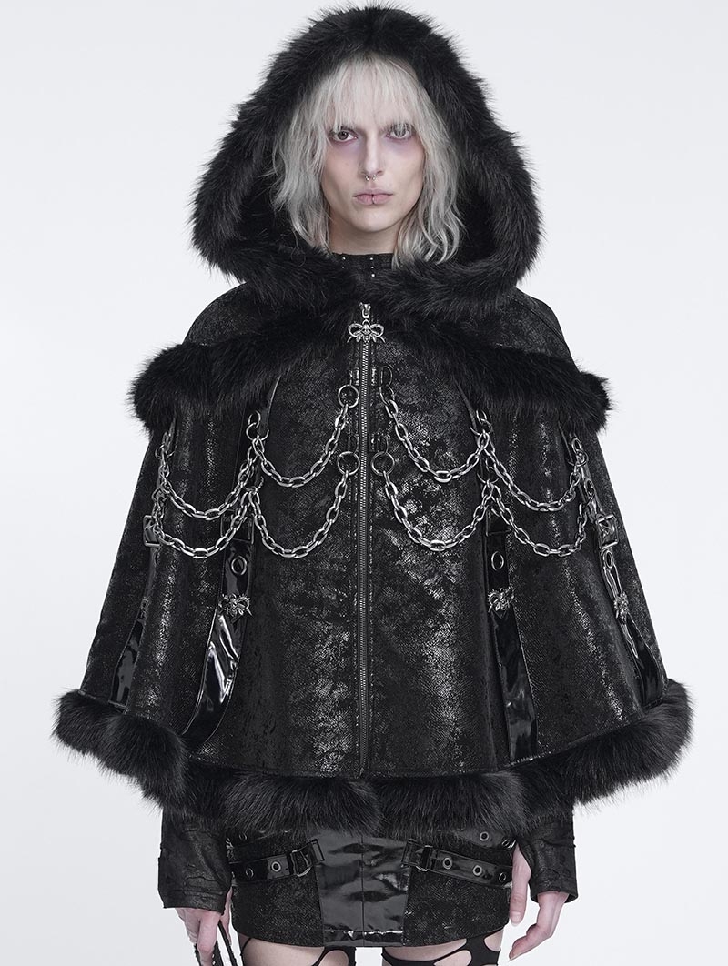 Black Gothic Faux Fur Trim Chained Leather Cloak for Women