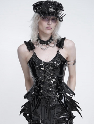 Black Gothic Punk Leather Ruffle Strap Corset Top for Women