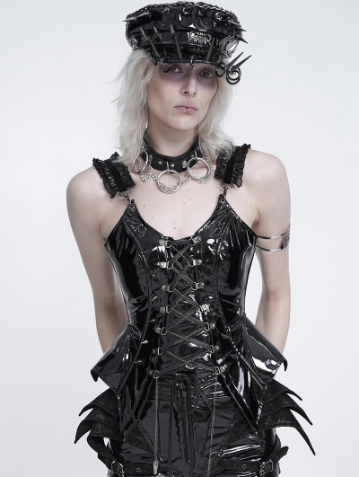 Black Gothic Punk Leather Ruffle Strap Corset Top for Women