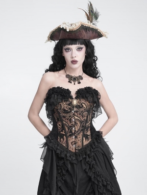 Black and Gold Retro Gothic Floral Ruffle Corset Top for Women