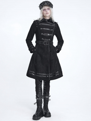 Black Gothic Punk Military Spiked Double Breasted Coat for Women