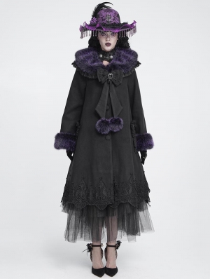 Black Gothic Purple Fur Trim Women's Coat with Detachable Bowtie