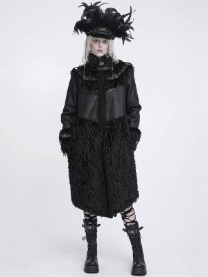Black Gothic Loose Faux Shearling Patchwork Coat for Women