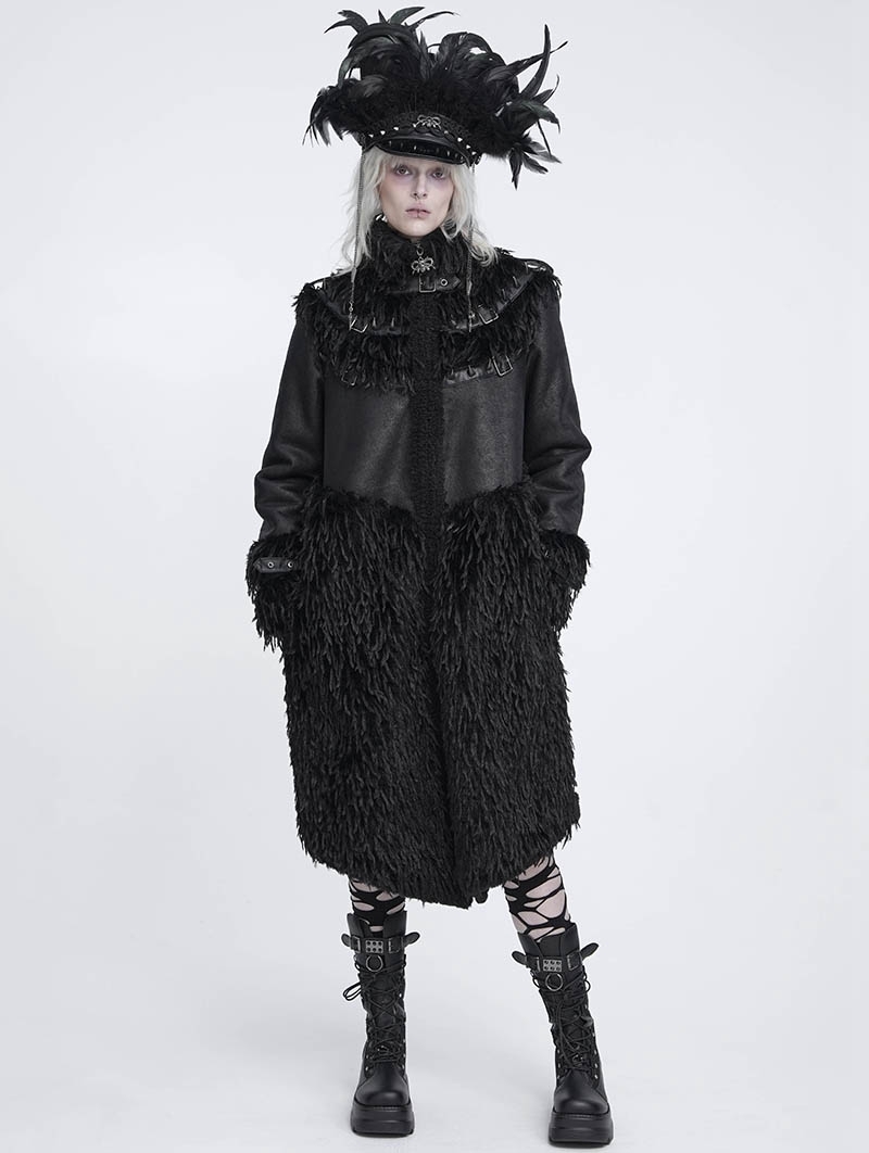 Black Gothic Loose Faux Shearling Patchwork Coat for Women