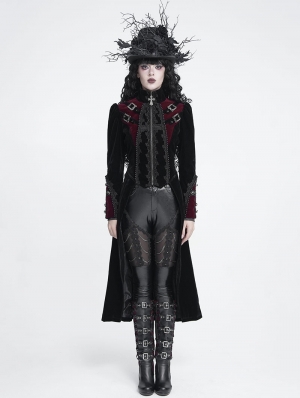 Black and Red Gothic Vintage Embroidered Velvet Tailcoat for Women