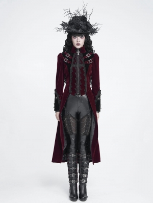 Red and Black Gothic Vintage Embroidered Velvet Tailcoat for Women