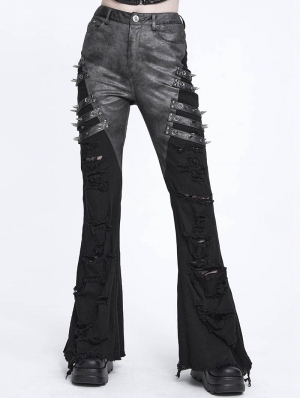 Black Gothic Spike Studded Patchwork Ripped Flared Pants for Women