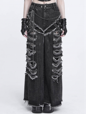 Black Gothic Punk Grunge Ripped Wide Leg Pants for Women