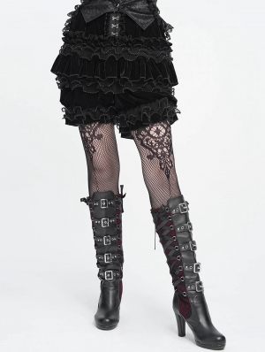 Black Gothic Vintage Beaded Ruffle Velvet Bloomer Shorts for Women