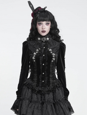 Black Gothic Spider Web Studded Ruffle Tailed Shirt for Women