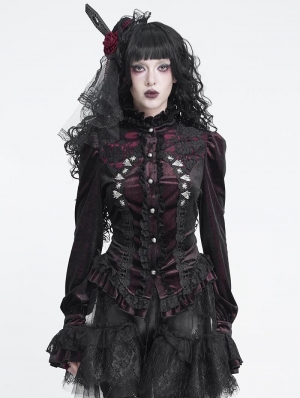Wine Red Gothic Spider Web Studded Ruffle Tailed Shirt for Women