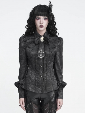 Black Retro Gothic Batwing Collar Button-Up Shirt  for Women