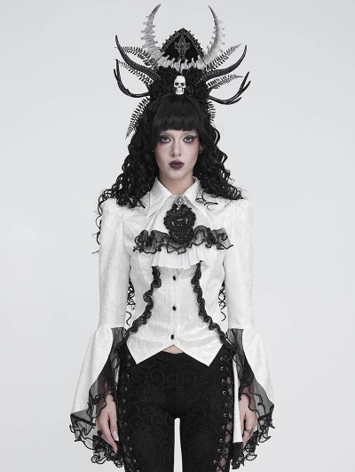 White Retro Gothic Beaded Ruffle Swallow-Tailed Shirt for Women