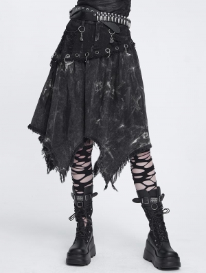 Black Gothic Punk Irregular Eyelet Distressed Skirt