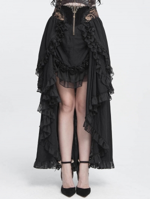 Black Vintage Gothic Rose Layered Ruffle High-Low Skirt
