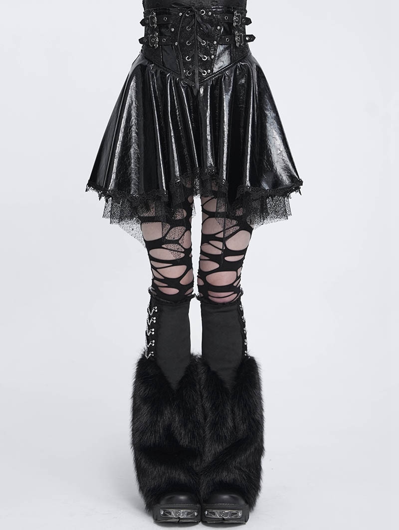 Black Gothic Punk Corset Leather Mesh Ruffle Mini Skirt