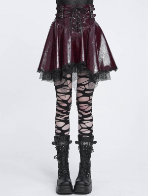 Wine Red Gothic Punk Corset Leather Mesh Ruffle Mini Skirt