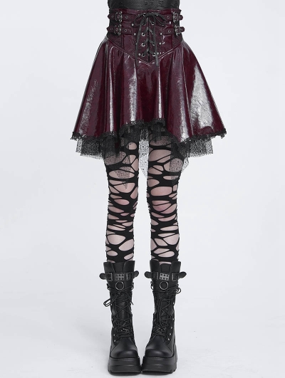 Wine Red Gothic Punk Corset Leather Mesh Ruffle Mini Skirt