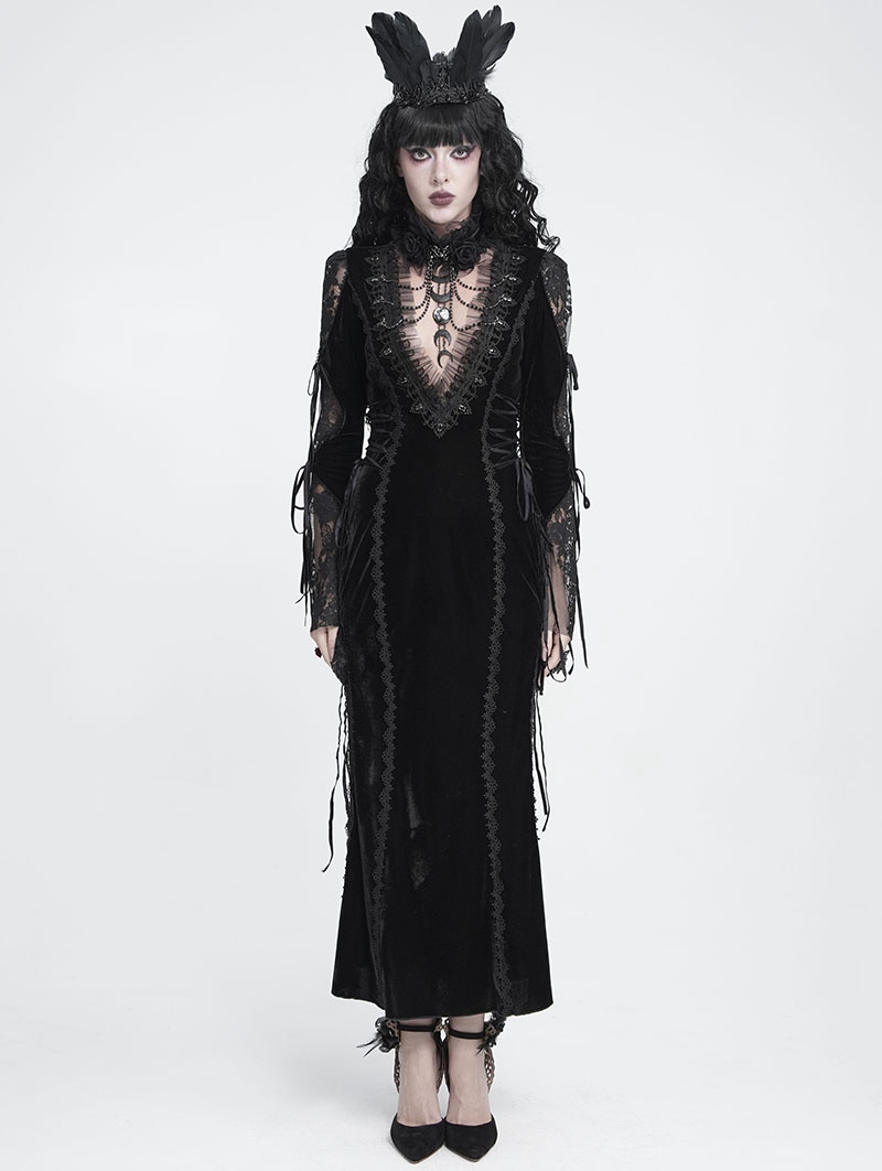 Black Gothic Lace Patchwork Velvet Mermaid Maxi Dress