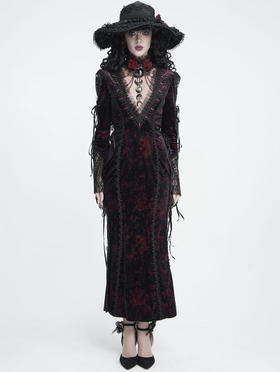 Black and Red Gothic Lace Patchwork Velvet Mermaid Maxi Dress