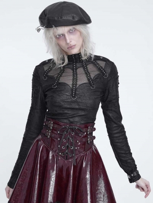 Black Gothic Distressed Rivet Long Sleeve Top for Women