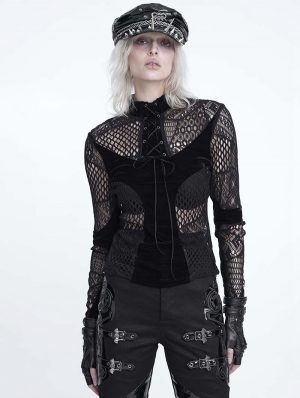Black Gothic Asymmetrical Patterned Net Top for Women