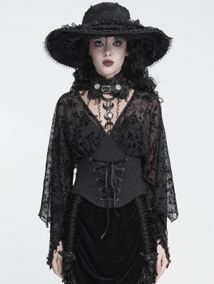 Black Gothic Off-the-Shoulder Floral Web Mesh Top for Women