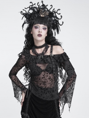 Black Gothic Asymmetrical Shoulder Ruched Top for Women