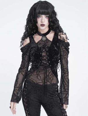 Black Gothic Halter Cutout Cold Shoulder Top for Women